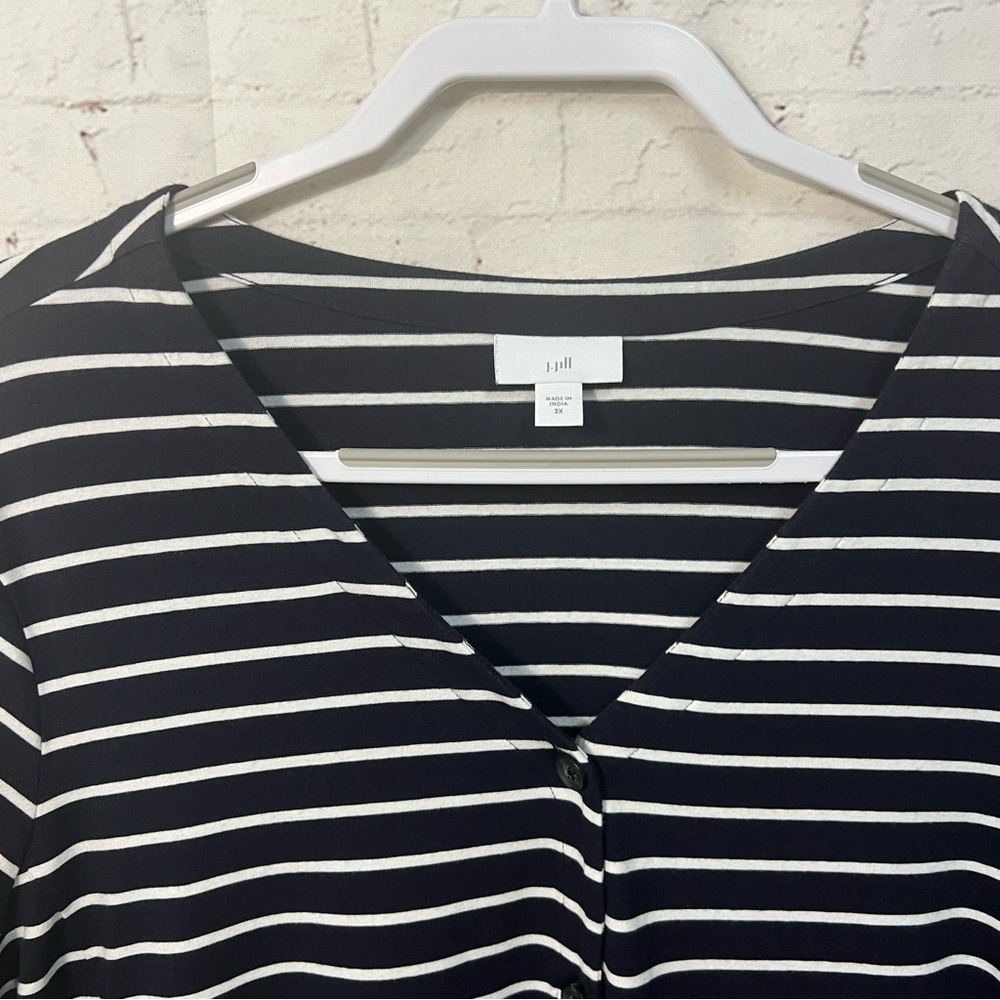 J. Jill Size 2X Navy White stripe Shirt Dress Casual Ruffle Bottom Button - Picture 9 of 9